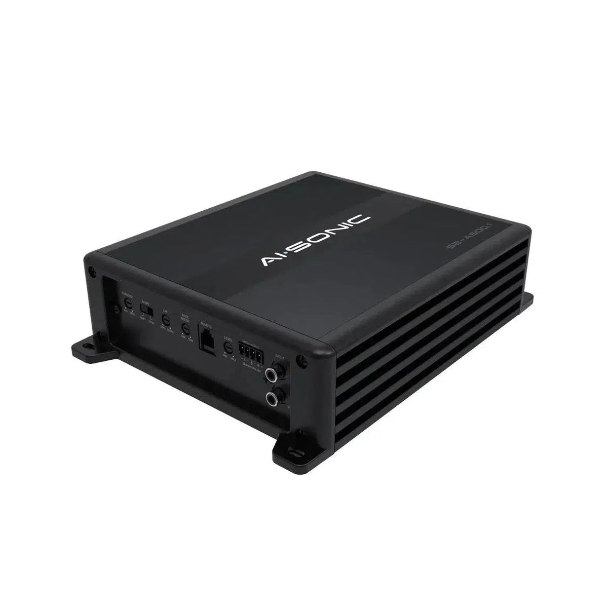 Un moniteur noir Ai-Sonic S2-A500.1 600W RMS D-Klasse Mono-Verstärker mit vielseitigen Anschlüssen, Kühlrippen und Montageflanschen auf weißem Hintergrund fotografiert.