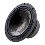 El Ai-Sonic Solo 6 es un altavoz circular negro con un cono facetado de aluminio-membrana híbrido-Kristall, que se muestra en ángulo sobre un fondo blanco.