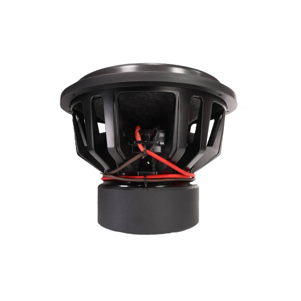 The Audio System Helon H15 EVO2 is a large black 15 subwoofer with a sturdy frame and red/black wiring, shown side view on a white background.