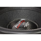 Close-up of a black carbon fiber Helon H15 EVO2 speaker cone by Audio System, featuring white and red branding on the 15-inch subwoofer dust cap.