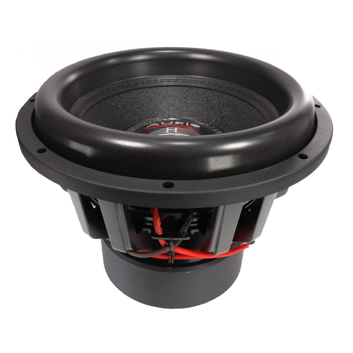 The Audio System Helon H15 EVO2 is a black 15 subwoofer with a round cone, visible wiring, and large magnet base, shown at an angle on white.
