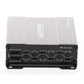 Een zilveren Audio System M-500.4 MD high-performance versterker met SMD-technologie, voorzien van ingangspoorten, bedieningsknoppen en gelabelde aanpassingsinstellingen op het voorpaneel.