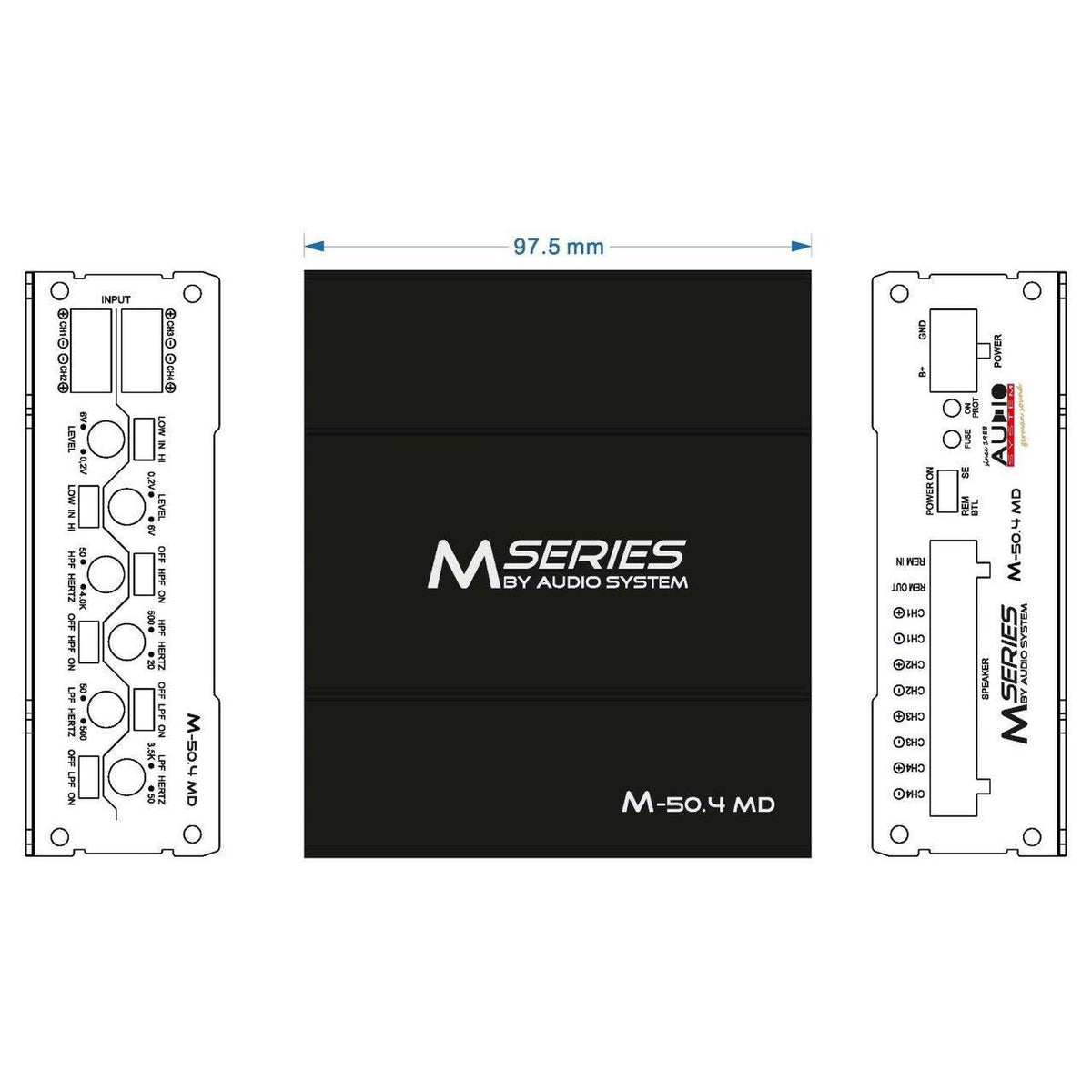 Technisch schema van de Audio System M-500.4 MD-versterker met SMD-technologie, gelabelde poorten, voor-/boven-/zijaanzicht en 97,5 mm breedte.