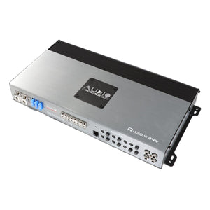 El R-130.4 24V de Audio System es un amplificador plateado de audio para coche de 4 canales con múltiples conectores de entrada/salida.