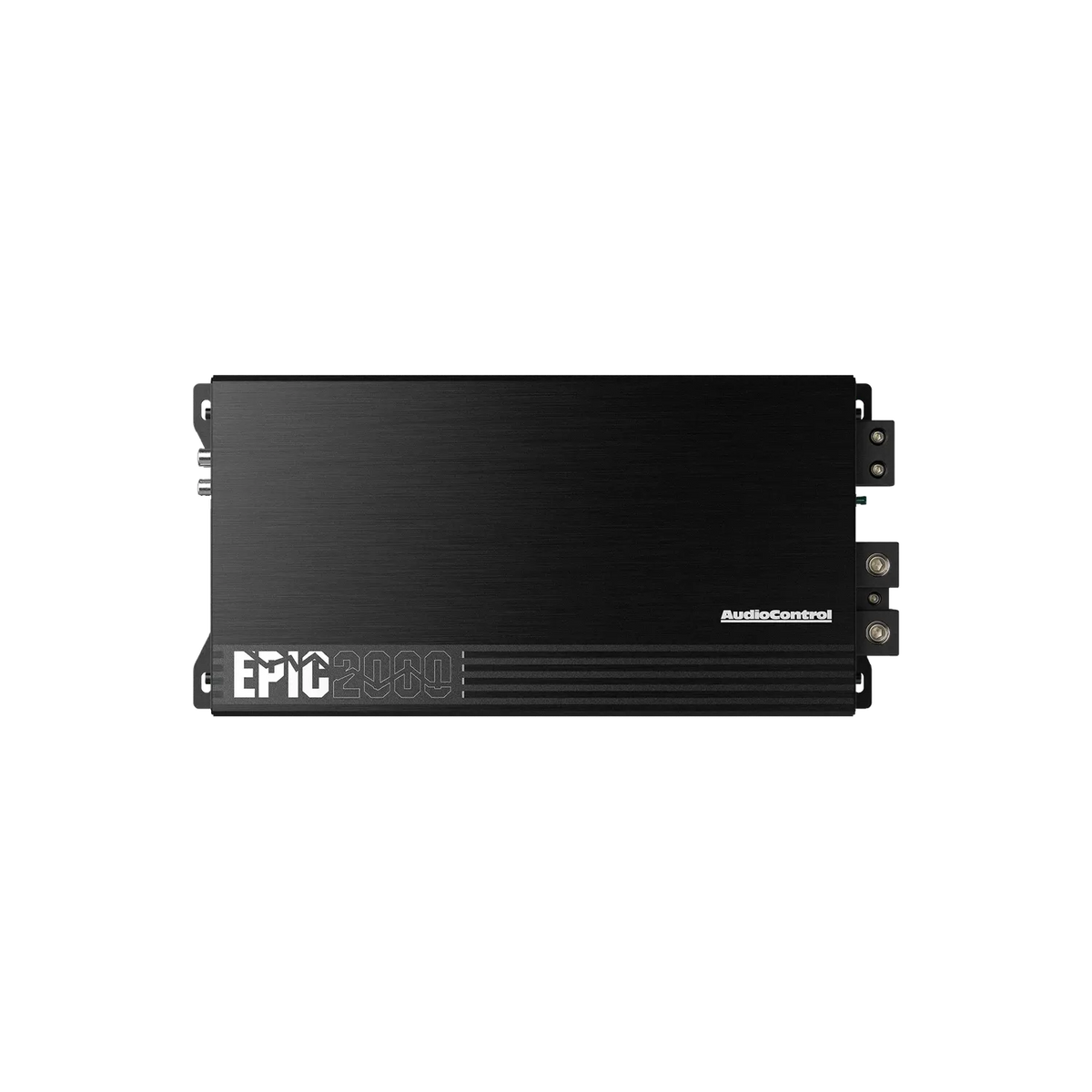 Amplificatore per auto Audiocontrol EPIC2000 nero con testo argentato, potenza 2000 Watt RMS, su sfondo bianco.
