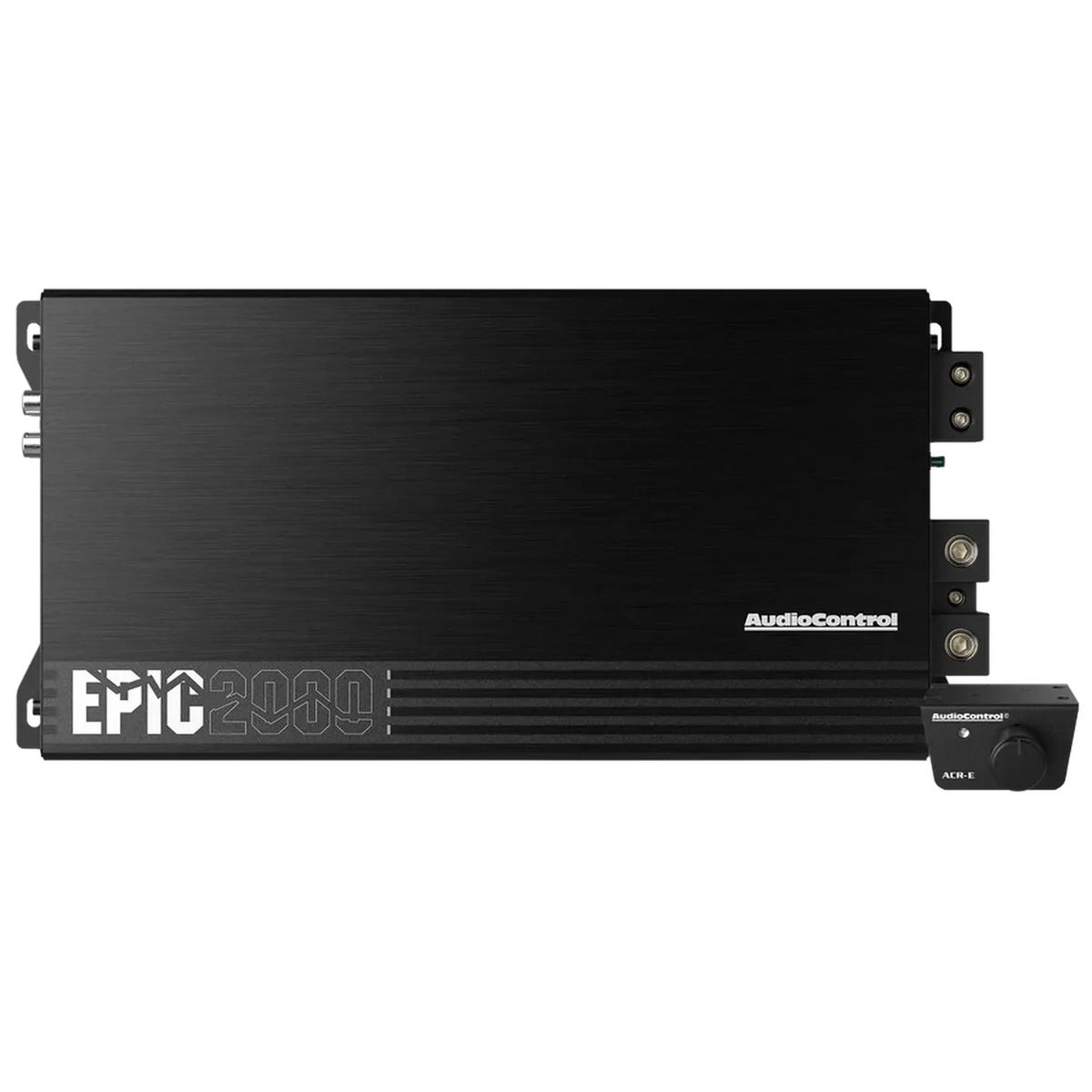 Un Audiocontrol EPIC2000 1-Kanal Verstärker nero con manopola del telecomando abbinata, visualizzato su uno sfondo bianco.