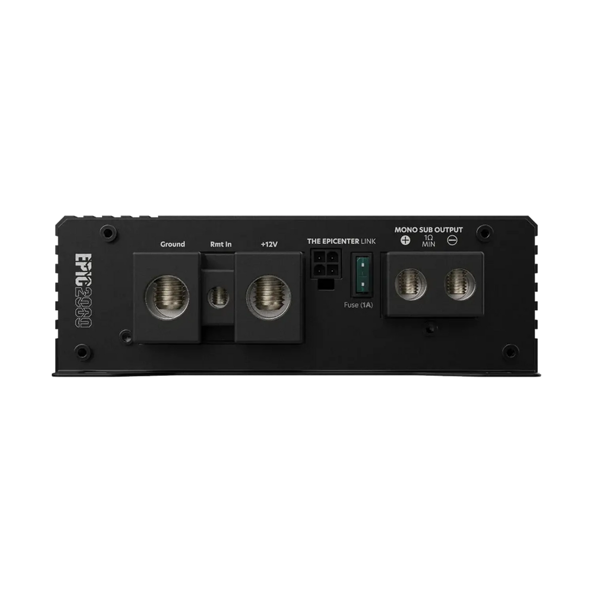 Vista posteriore dellAudiocontrol EPIC2000, un amplificatore nero a 1 canale con ampi terminali, uscita sub mono e potenti 2000W RMS per bassi profondi.