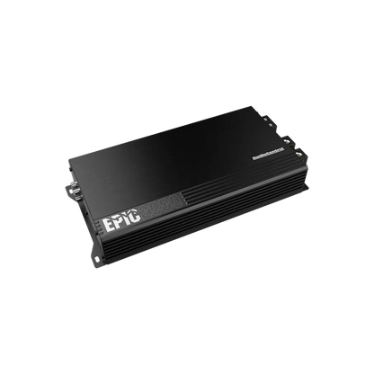 Un amplificatore audio per auto Audiocontrol EPIC2000 nero con un design elegante e rettangolare e prese daria, fotografato su uno sfondo bianco.