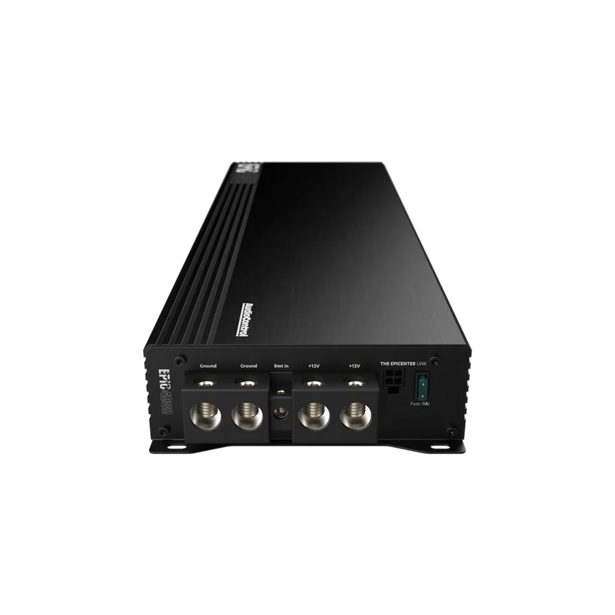 LAudiocontrol EPIC4000 è un Verstärker rettangolare nero di Classe D a 1 canale con terminali a vista, 4000W RMS, mostrato frontalmente su sfondo bianco.