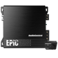 Il processore audio per auto nero Audiocontrol EPIC500 con controllo rotativo separato e amplificatore a 1 canale eroga 500 W RMS, visualizzati su sfondo bianco.