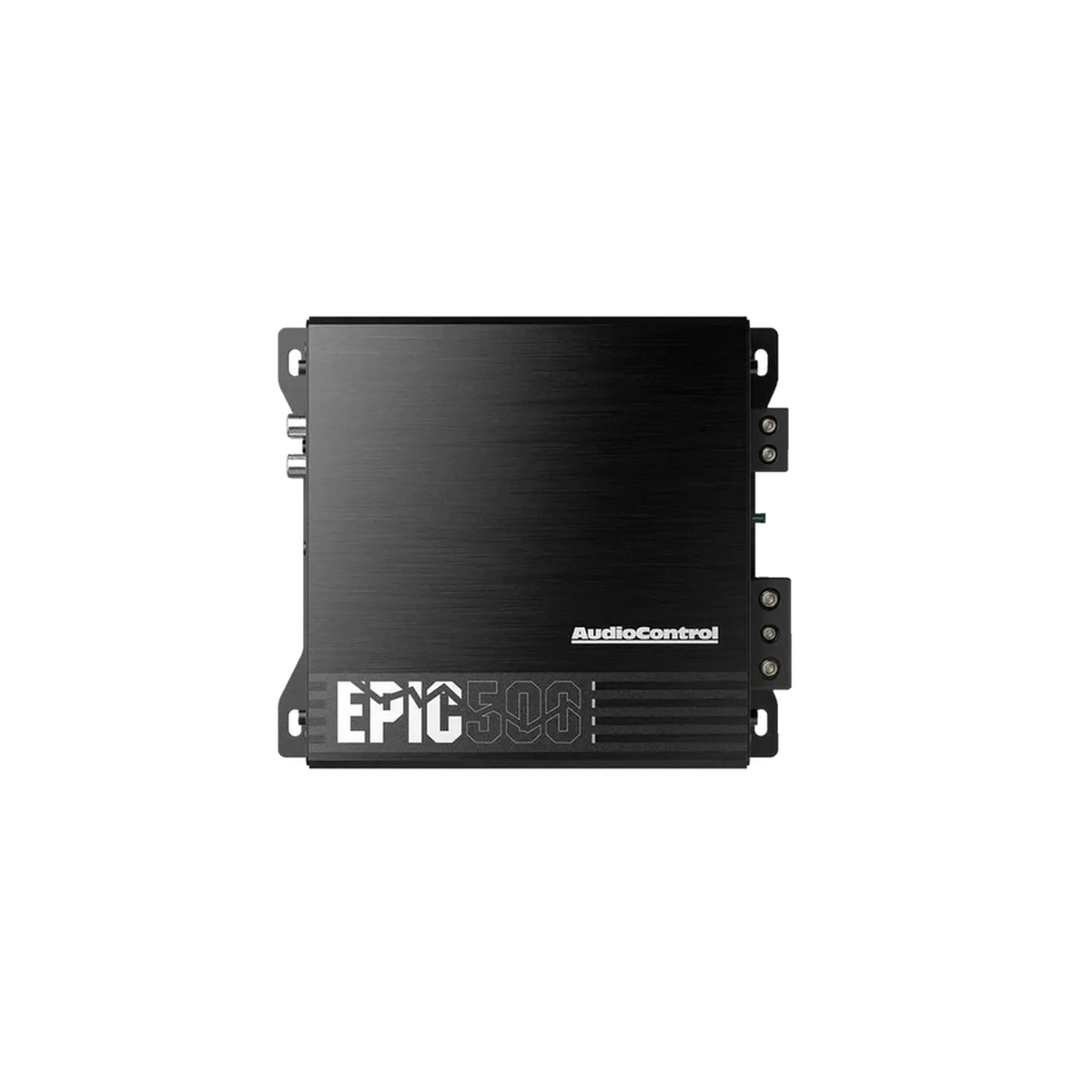Processore audio per auto Audiocontrol EPIC500 nero con testo e connessioni laterali argentate, su sfondo bianco.