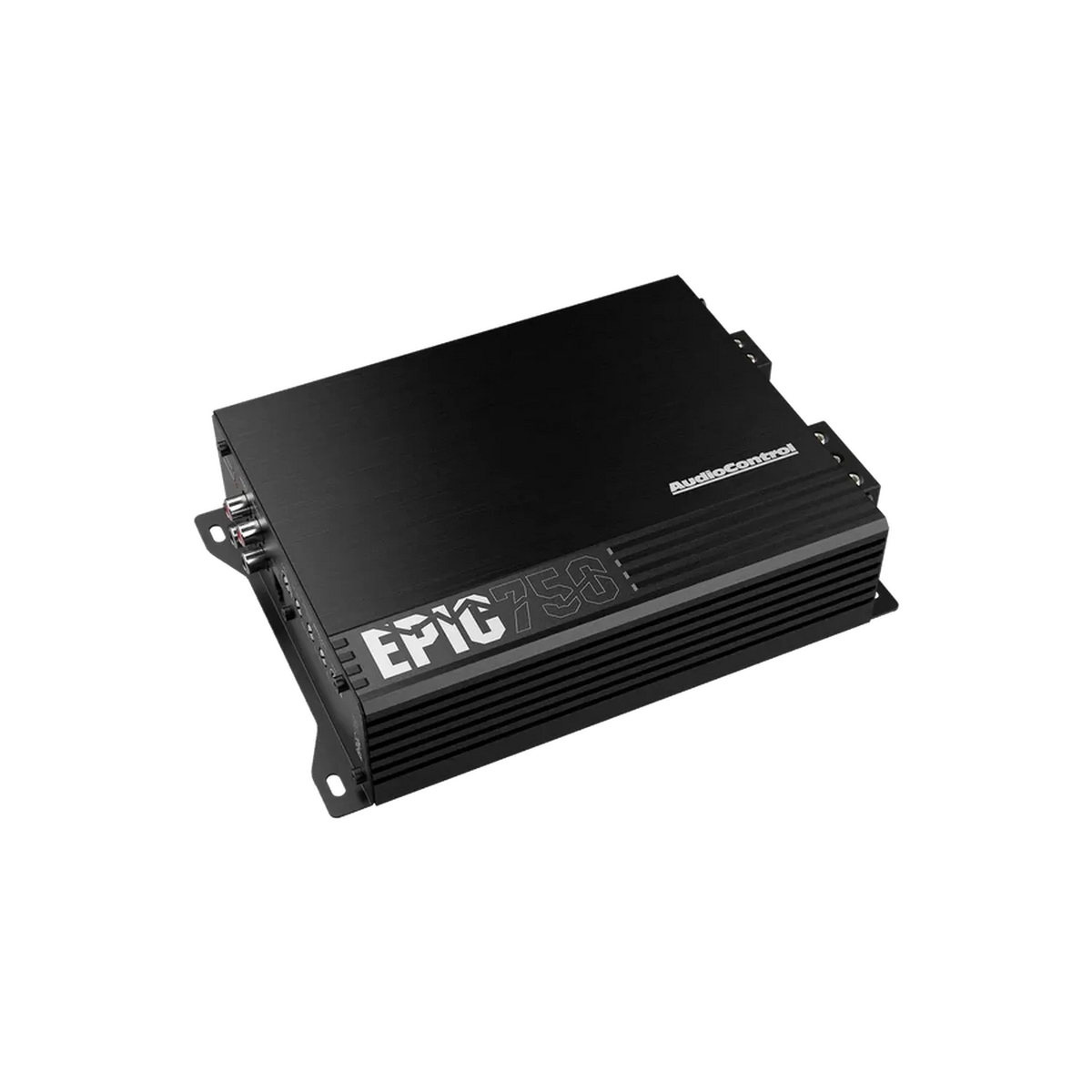 LAudiocontrol EPIC750 è un amplificatore nero a 1 canale con un design elegante, prese daria visibili e ingressi etichettati su un lato.