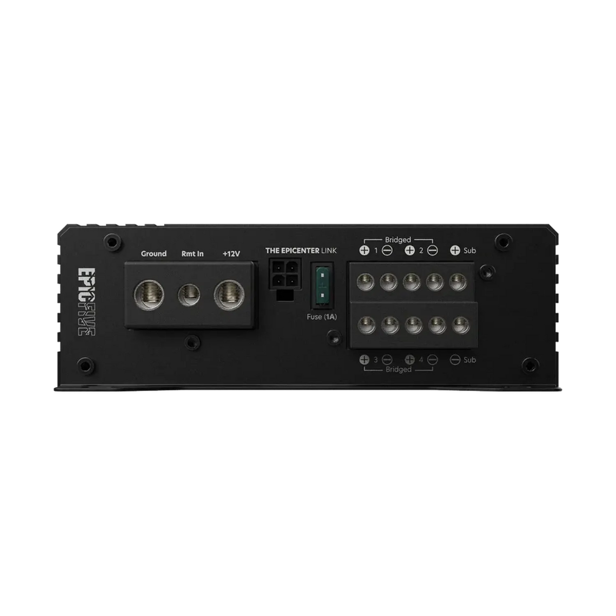 LAudiocontrol EPICFIVE est un amplificateur rectangulaire noir doté de bornes dentrée/sortie étiquetées, dun fusible et de connexions à 5 canaux pour la masse, lentrée à distance, lalimentation 12V et le caisson de basse.