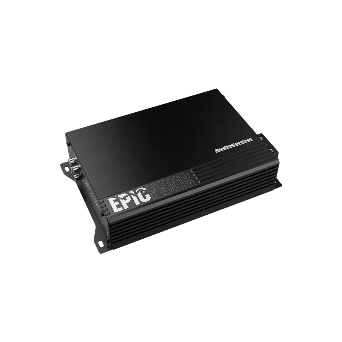 Amplificateur Audiocontrol EPICFOUR 4 canaux de couleur noire, au design rectangulaire élégant, 100 W RMS, avec des ports de contrôle visibles sur un côté.