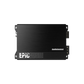 Un amplificateur noir Audiocontrol EPICFOUR à 4 canaux, au design minimaliste, délivre 100 Watt RMS et est visible depuis le haut sur un fond noir.