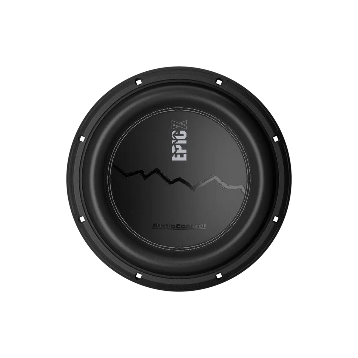 A round black Audiocontrol EPICX10 subwoofer with “EPIC X” and a jagged line graphic at the center, shown from above on a white background.
