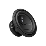 A black Audiocontrol EPICX10 10-inch circular subwoofer, front and side angled view, with a jagged line design on the speaker cone.
