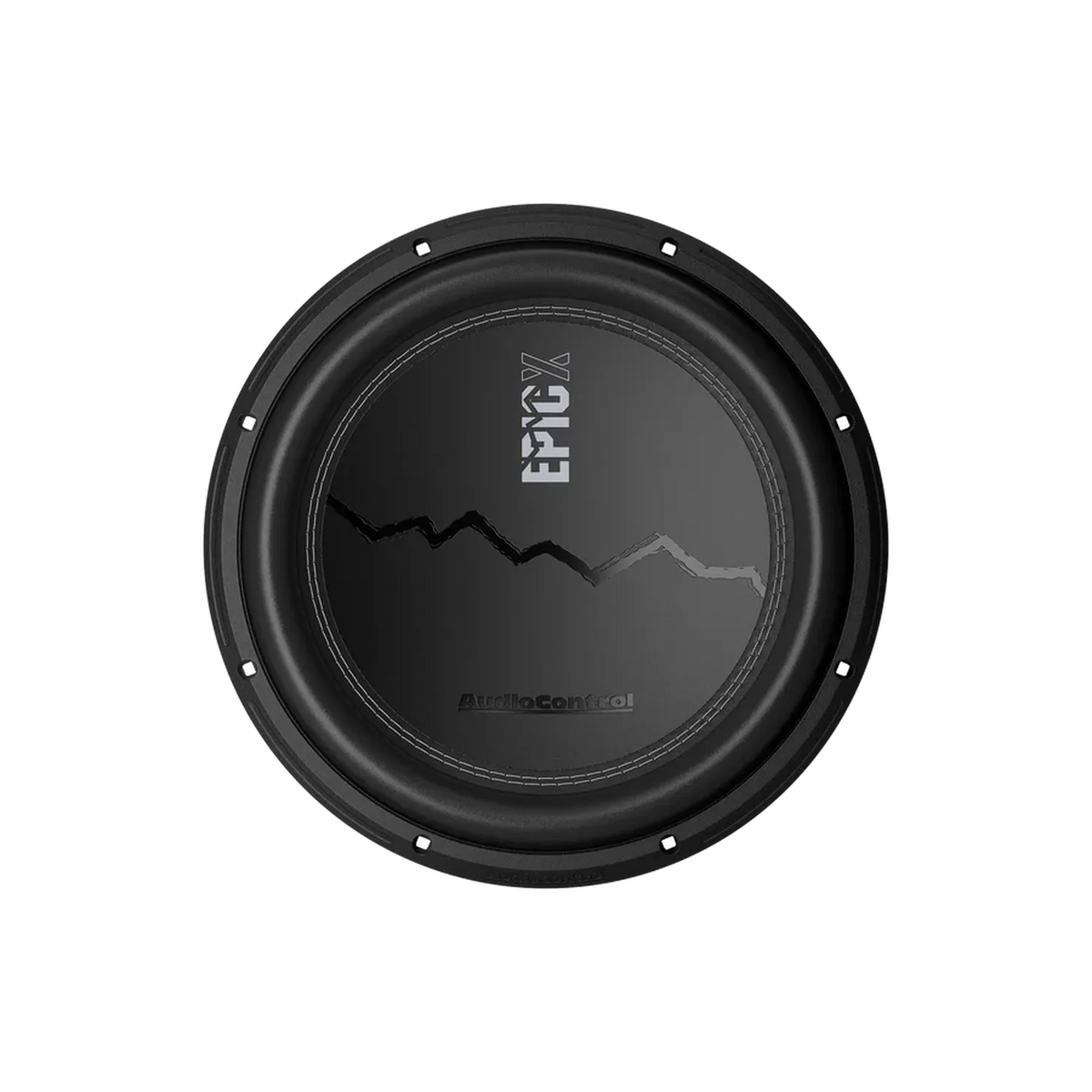The Audiocontrol EPICX12 is a black 12 subwoofer with Dual Voice Coil and EPIC X text, mountain-like graphics, shown from above on a light background.