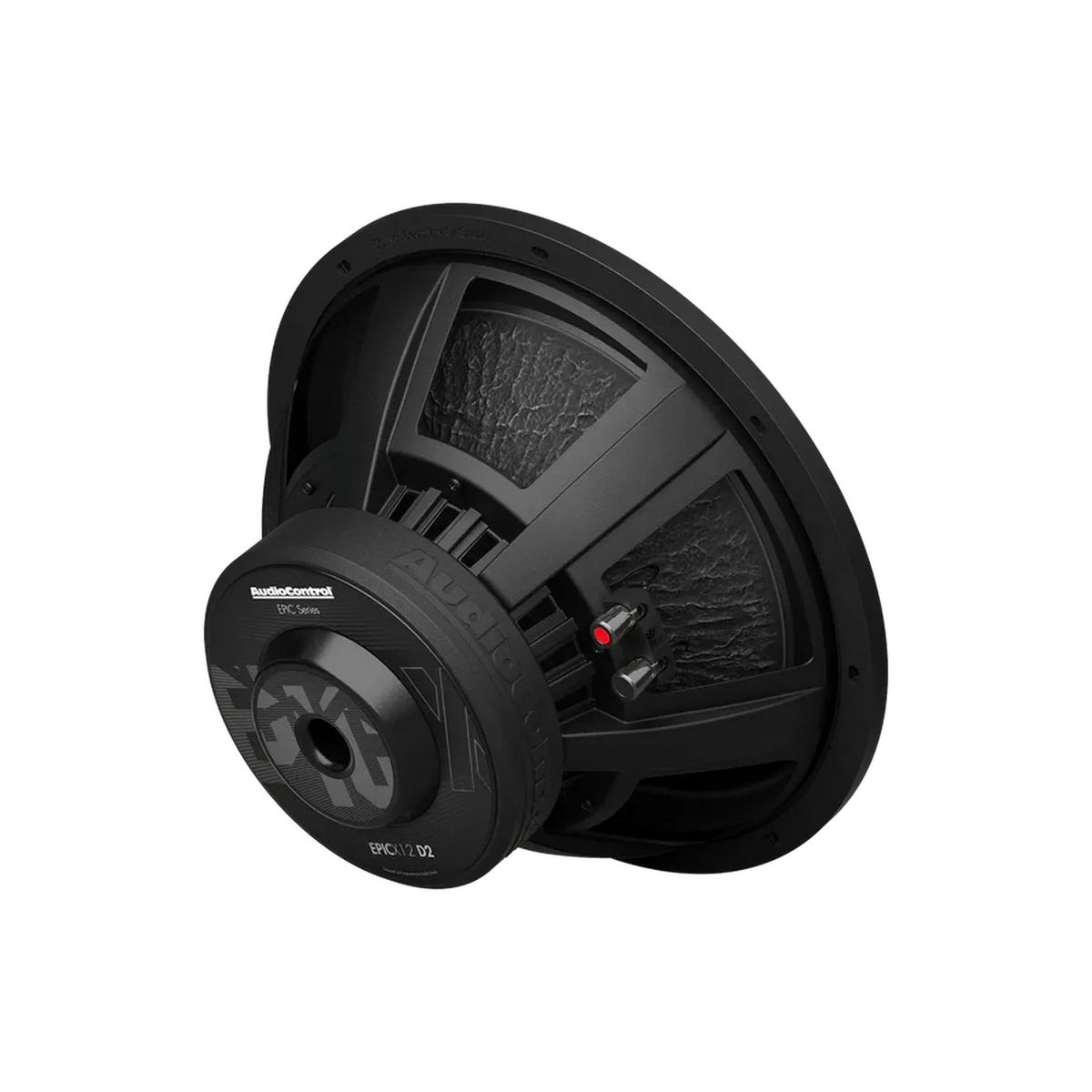 The Audiocontrol EPICX12 is a black 12 subwoofer with visible cone, frame, and Dual Voice Coil terminals, shown angled on a plain white background.