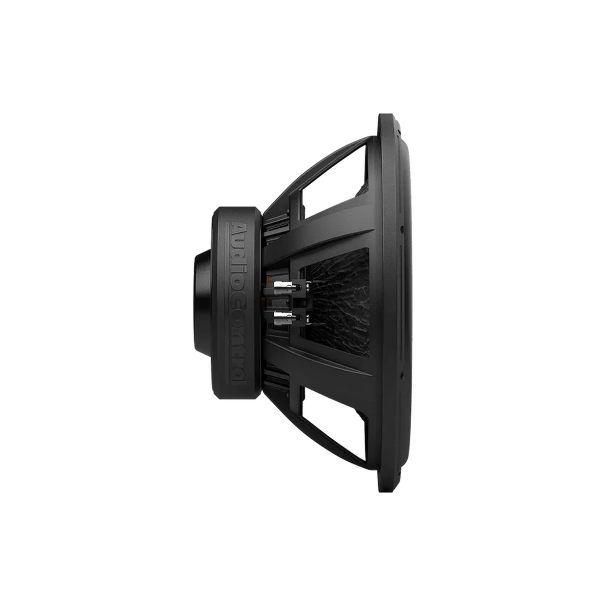 Side view of the Audiocontrol EPICX12 12 subwoofer with dual voice coil, displaying its cone, frame, and connector terminals against a white background.