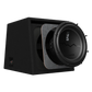 De Audiocontrol EPICXV10 is een zwarte 10-Zoll Gehäusesubwoofer met zichtbare ronde driver voor kraftvoller basgeluid en gedeeltelijke behuizing die interne onderdelen onthult.