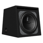 De Audiocontrol EPICXV10 is een zwarte 10-inch subwoofer in een behuizing van tapijt met een ronde EPIQUE luidspreker, 500 W RMS en een audio-ingangspaneel aan de zijkant.