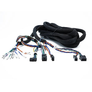 LAudison Prima AP EXT 560 6CH, un faisceau de rallonge « Plug  Play » noir spiralé, avec des fils colorés isolés sur fond blanc.
