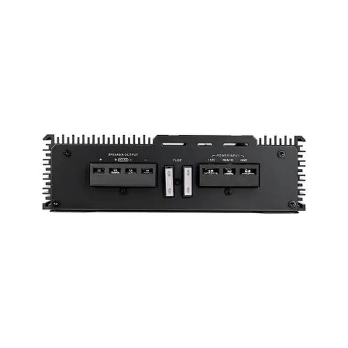 Vista posteriore del monoblocco in classe D nero Avatar ABR-800.1 con uscite per altoparlanti, vani per i fusibili e connettori per lalimentazione da 800 W RMS.