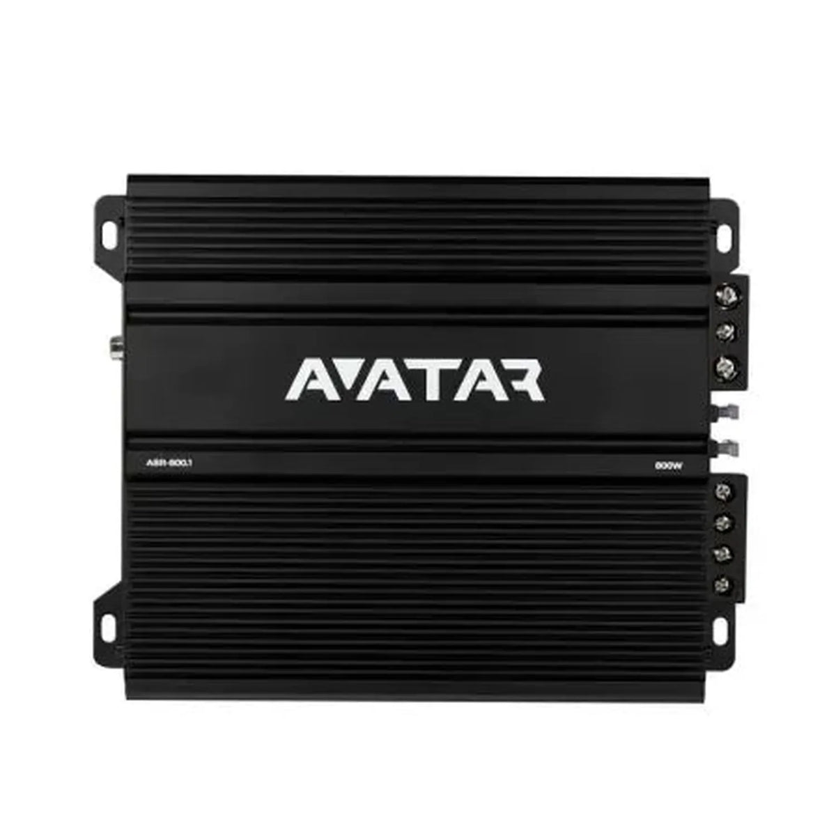 The Avatar ABR-800.1 is a black Class-D monoblock car amplifier with a grooved surface, white logo, 800W RMS power, and right-side terminal connectors.