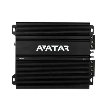LAvatar ABR-800.1 è un amplificatore monoblocco per auto in classe D di colore nero, con superficie zigrinata, logo bianco, potenza nominale di 800 W RMS e connettori sul lato destro.