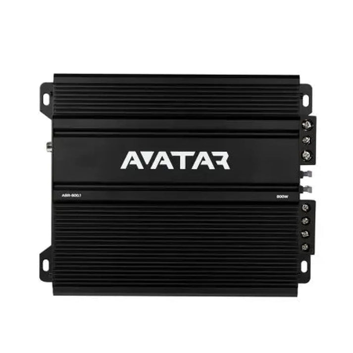 LAvatar ABR-800.1 è un amplificatore monoblocco per auto in classe D di colore nero, con superficie zigrinata, logo bianco, potenza nominale di 800 W RMS e connettori sul lato destro.
