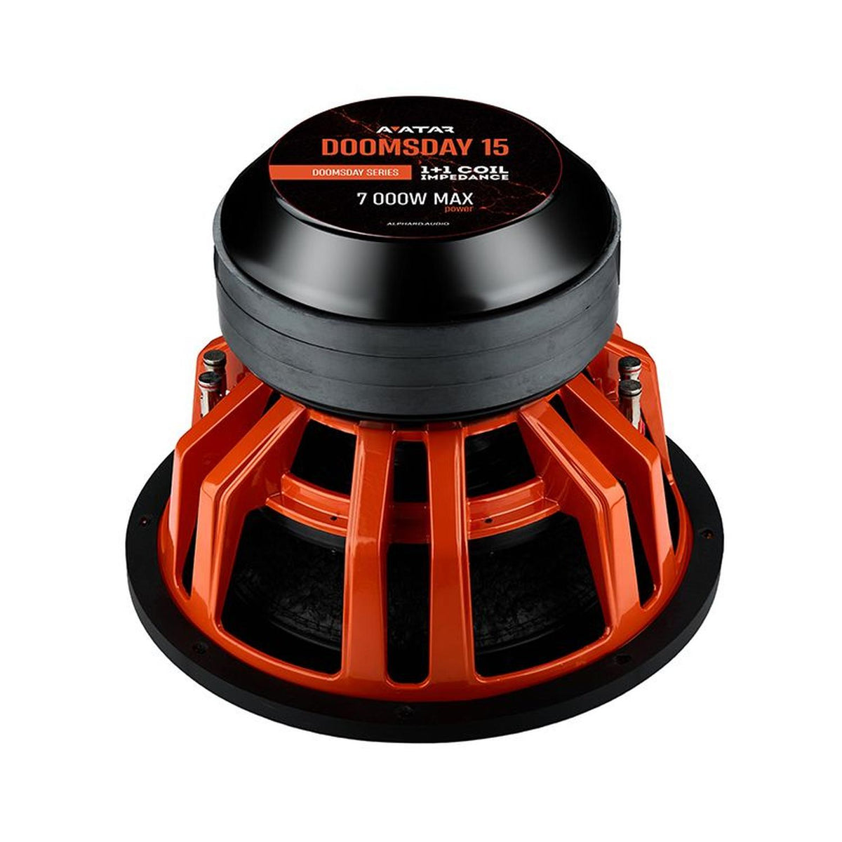 LAvatar Doomsday 15 è un grande subwoofer arancione e nero con struttura in metallo, 3500W RMS e 7000W di potenza massima.