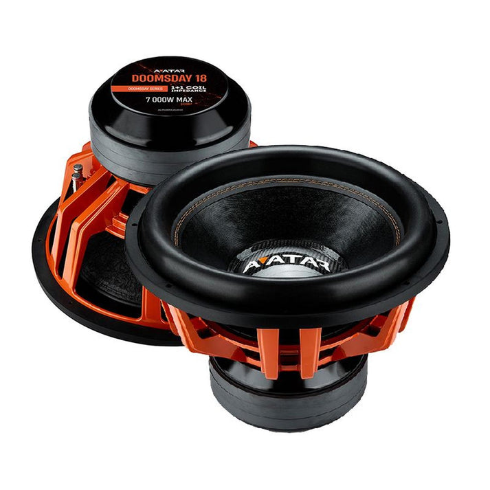 Two large Avatar Doomsday 18 subwoofers, black and orange with bold frames and clear branding, shown at different angles on a white background.