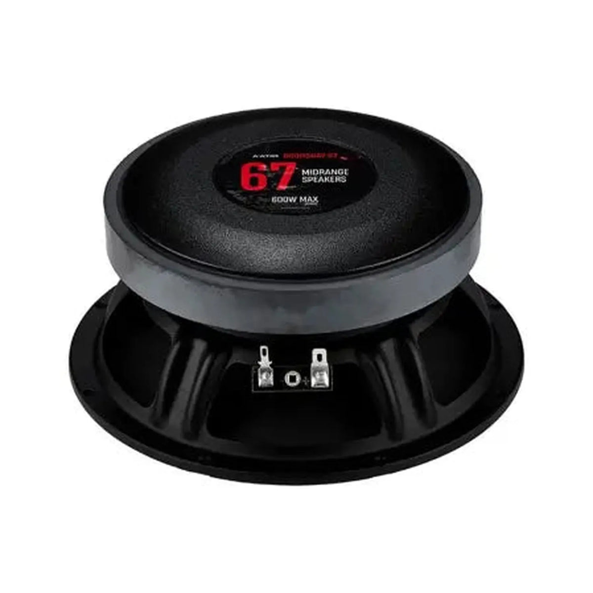 LAvatar Doomsday 67 è un altoparlante midrange da auto nero, rotondo, da 6 pollici 600 W max con etichetta centrale, ideale per lSPL nelle auto da dimostrazione; nella foto è inclinato per mostrarne il retro e i terminali.
