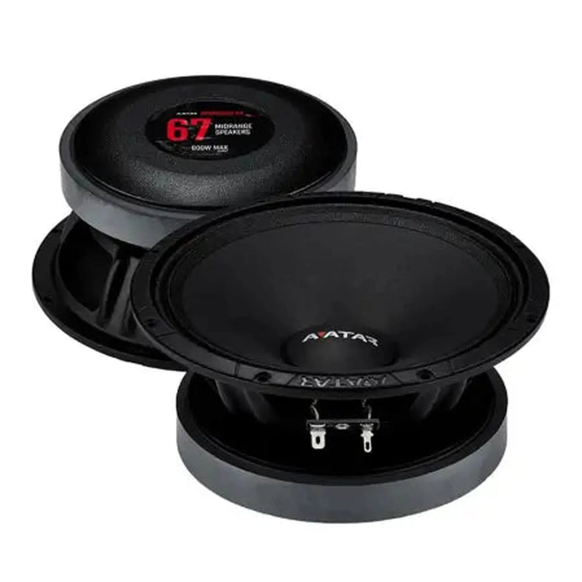 Due diffusori Avatar Doomsday 67 rotondi di colore nero con woofer da 5 pollici: uno mostra il cono anteriore, laltro quello posteriore con la scritta SPL e 500 W max.