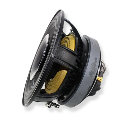 Side view of a B2 Audio Rage 8CXP 8″ coaxial speaker, showing magnet, frame, and terminals, isolated on white background.