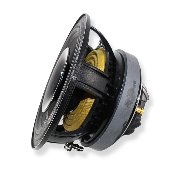 Side view of a B2 Audio Rage 8CXP 8″ coaxial speaker, showing magnet, frame, and terminals, isolated on white background.