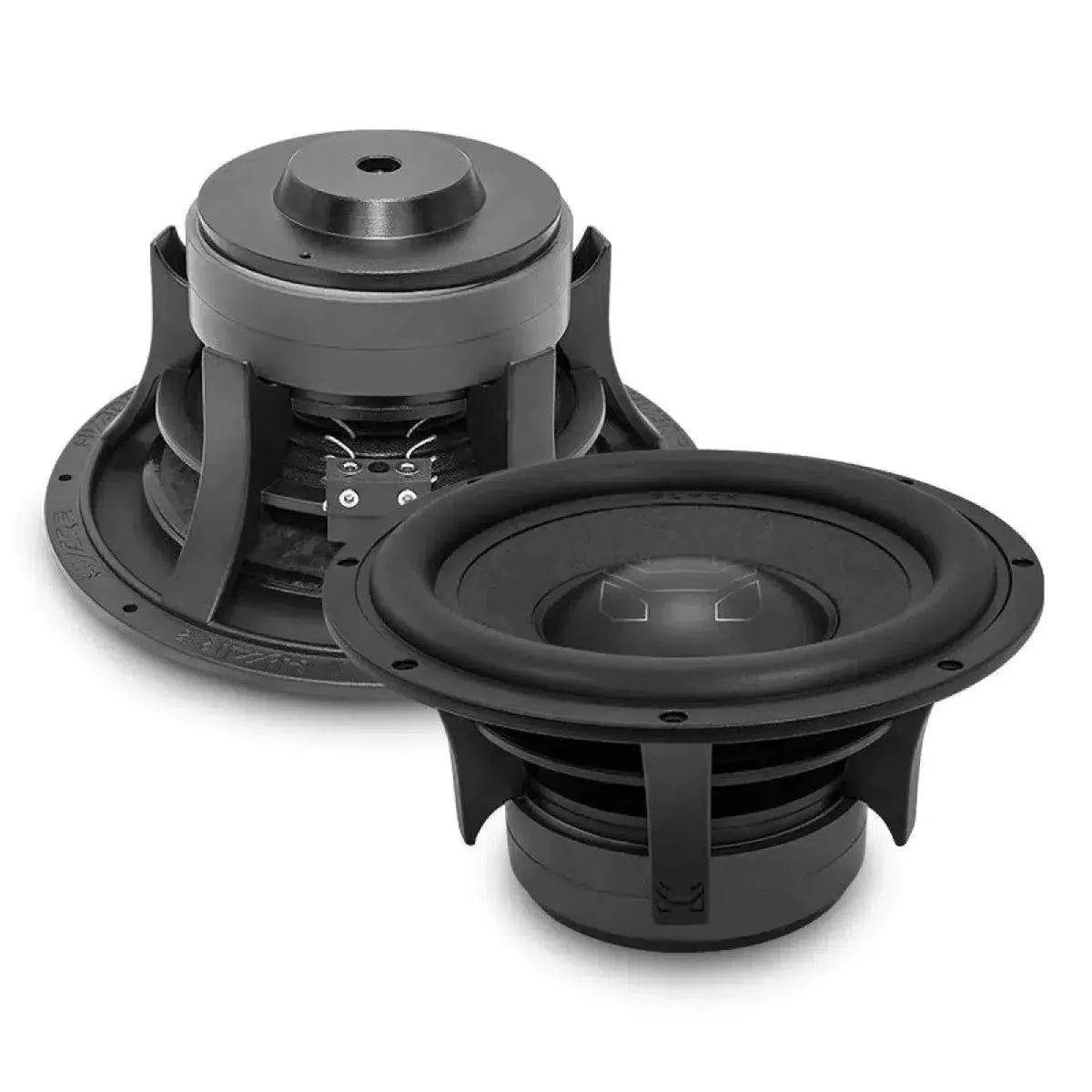 Two Black Hydra HGS-2521 10 Zoll Subwoofer are shown, one upright and one sideways, highlighting their Papiermembran and Aluminium-Gusskorb design.