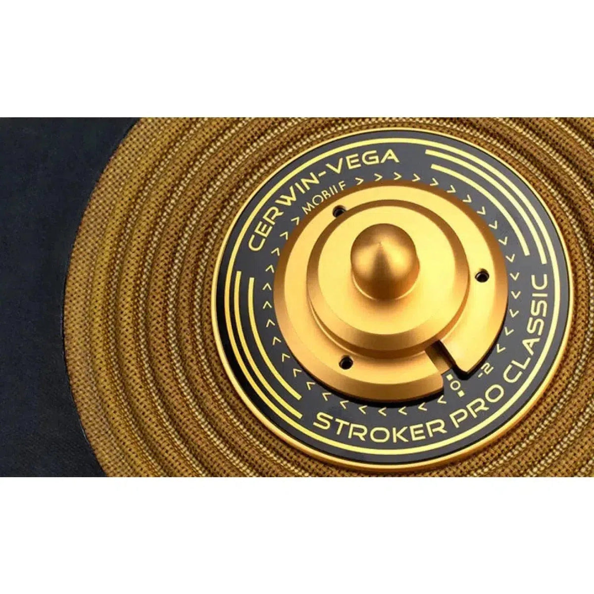 Close-up of a gold Cerwin Vega Stroker Pro Classic SPCL182 18-inch subwoofer, highlighting detailed text and the signature concentric ring design on the cone.