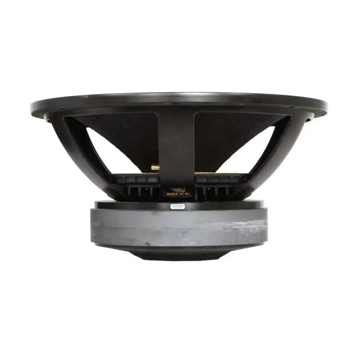 Side view of a Cerwin Vega Stroker Pro Classic SPCL182 18-inch subwoofer with exposed basket and magnet, set against a white background.