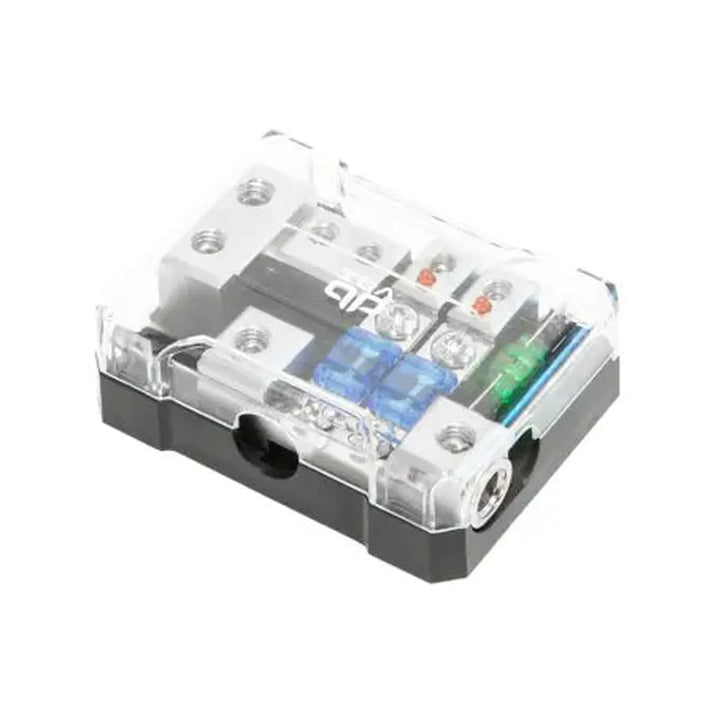 Le dBvox dBVOXMANL22 est un porte-fusible MiniANL en plastique transparent avec des bornes de câblage, monté sur une base noire pour une mise à la terre facile.