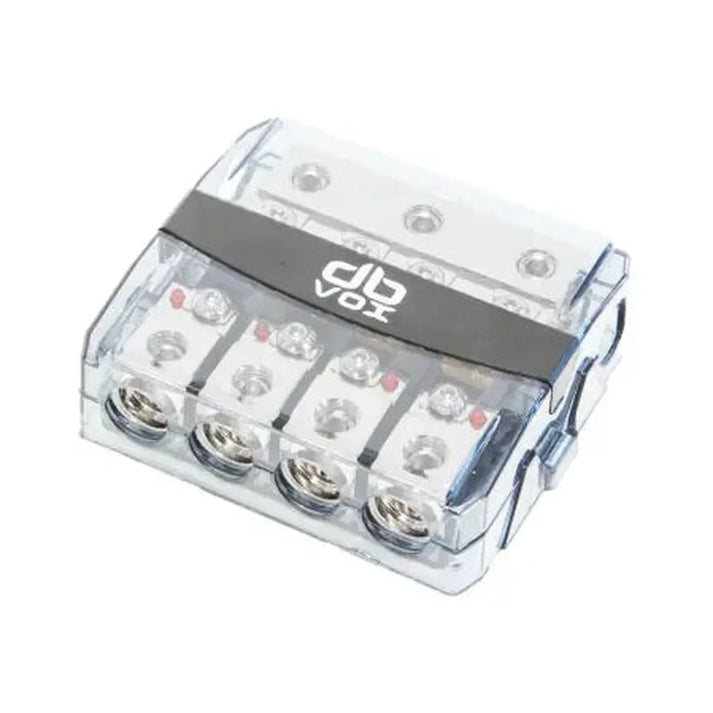 The dBvox DBVOXMANL34 is a clear plastic terminal block with 4 wire connections, Kontroll-LED, and a black top label with a white dBvox logo.