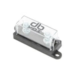 The dBvox DBVOXMFM1 is a rectangular ANL fuse holder with plexiglass cover, two metal bolts inside, and branding on top.