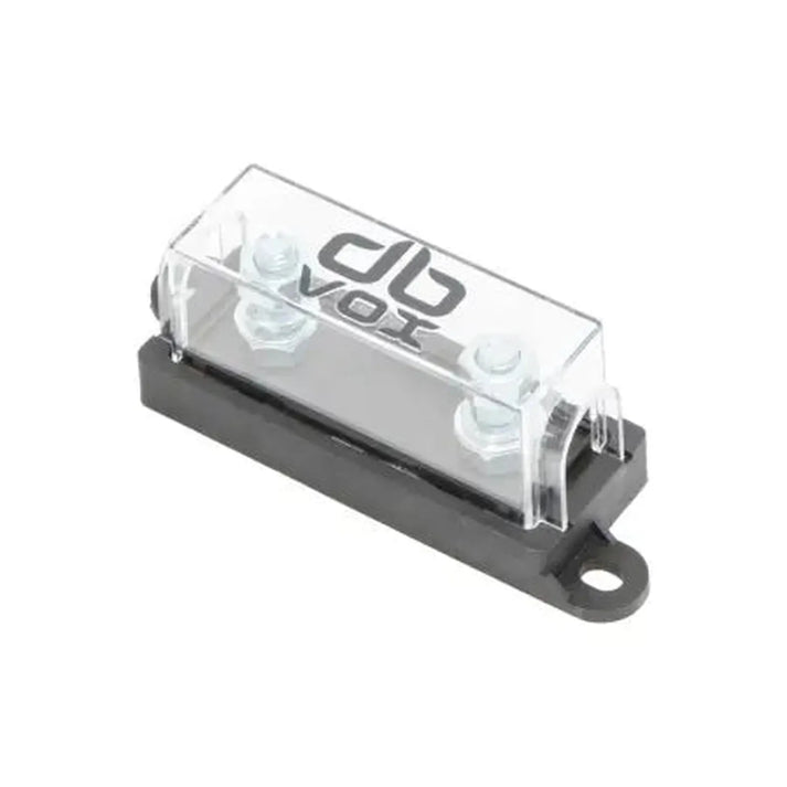 The dBvox DBVOXMFM1 is a rectangular ANL fuse holder with plexiglass cover, two metal bolts inside, and branding on top.