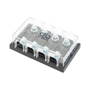 De dBvox DBVOXMFM4 is een transparante zekeringhouder met vier aansluitpunten, op een zwarte rechthoekige basis en voorzien van een doorzichtig plastic deksel.