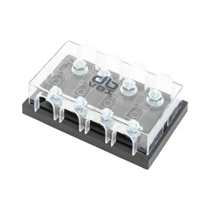Il dBvox DBVOXMFM4 è un portafusibile trasparente con quattro punti di connessione, montato su una base rettangolare nera e sormontato da un coperchio in plastica trasparente.