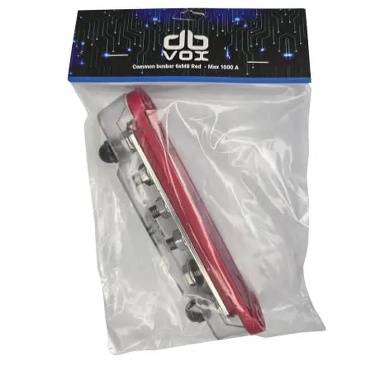 Un bloc de distribution de puissance dBvox Klemmenblock 6xM8, rouge et transparent, calibré pour 1000A, dans un emballage plastique avec une étiquette bleue et noire.