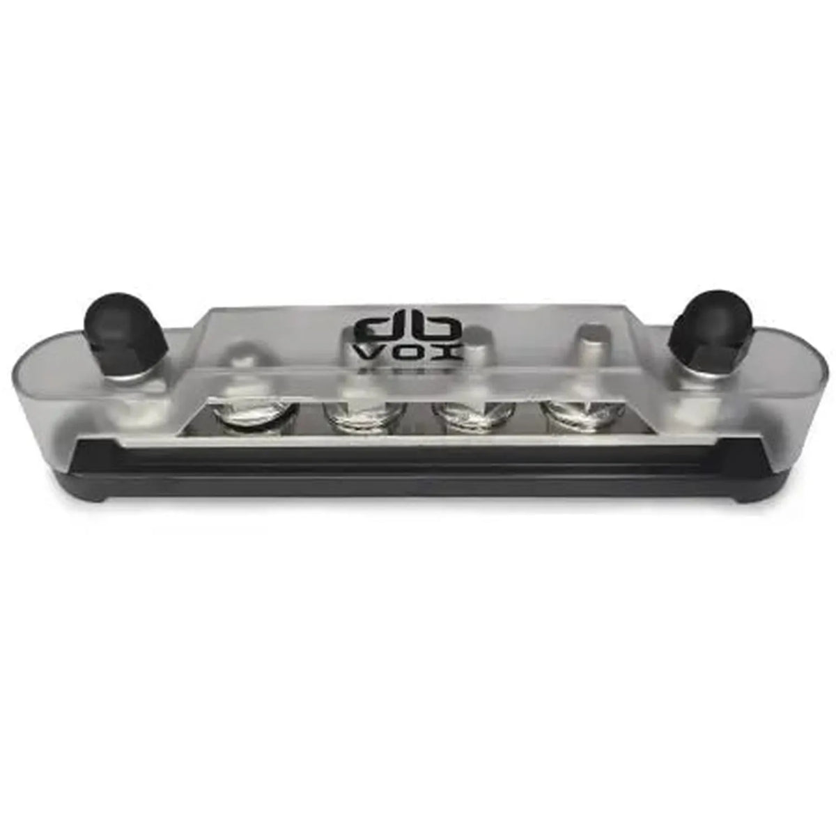 Een helder rechthoekig dBvox Klemmenblock 6xM8 met zwarte eindkappen, met vier metalen zekeringen en het VOX-logo, perfect als 1000A stroomverdeler.