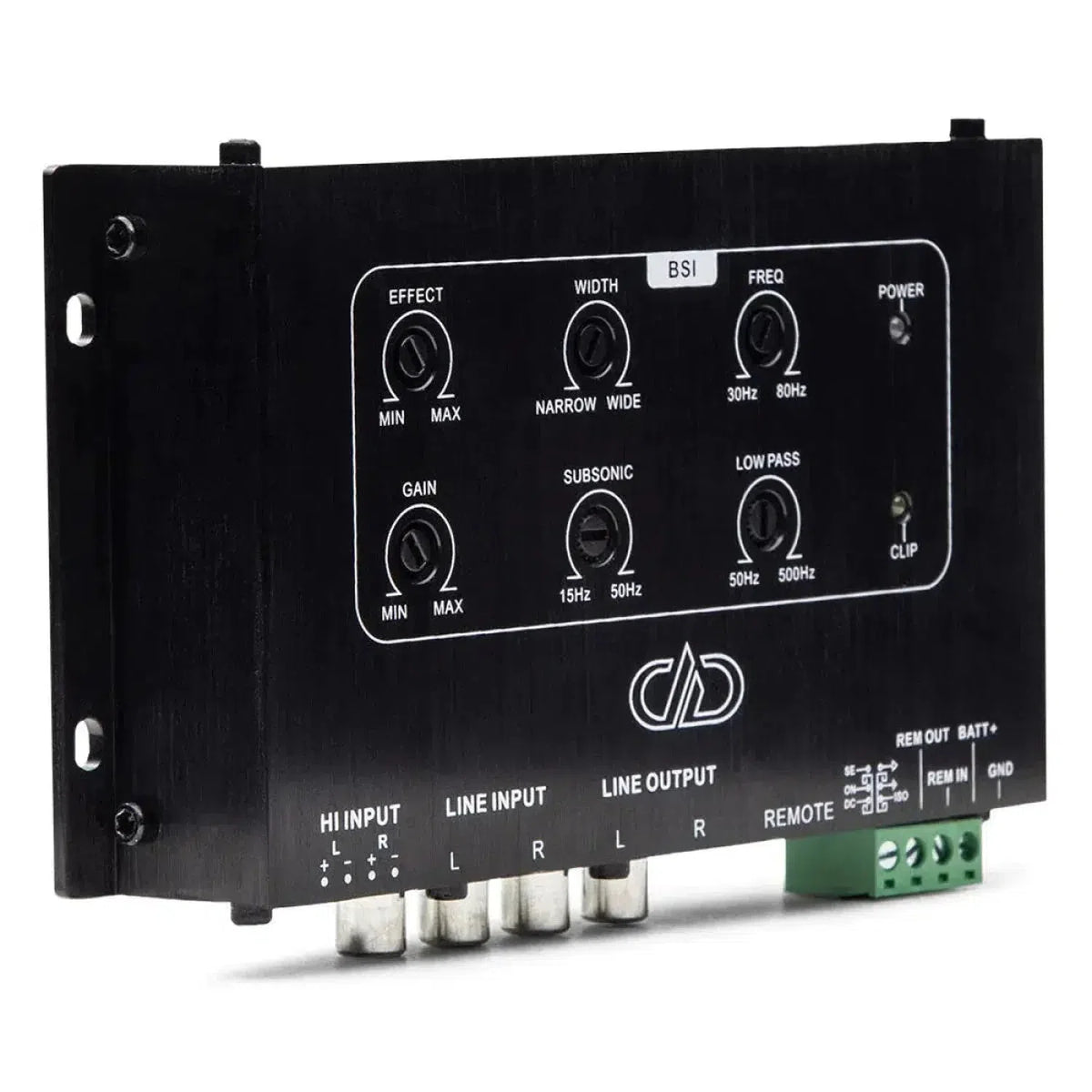 Le DD Audio BSI est un processeur de signal audio noir doté de boutons de contrôle, dun réglage numérique de la fréquence, de ports dentrée/sortie étiquetés et dun indicateur dalimentation en façade.