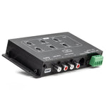 Le DD Audio BSI est un adaptateur électronique High-Low noir doté de plusieurs boutons, dentrées RCA, dun bornier vert et de ports ligne/alimentation étiquetés.